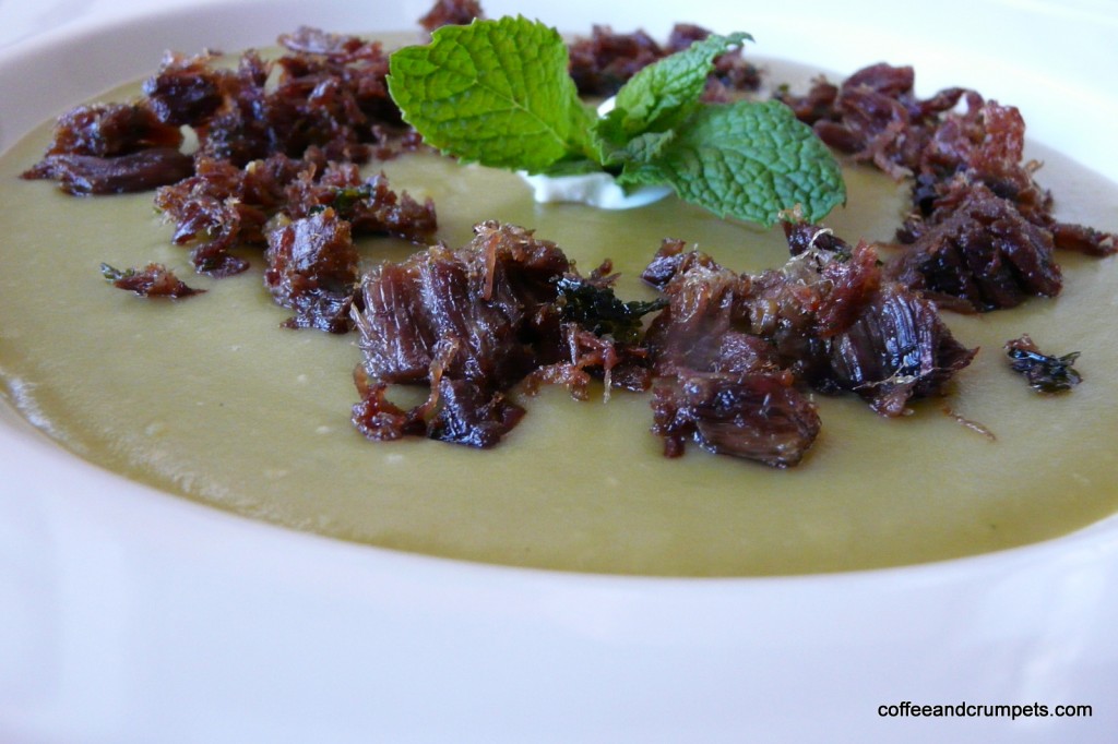 Split Green Pea Soup with Crispy Beef Shreds